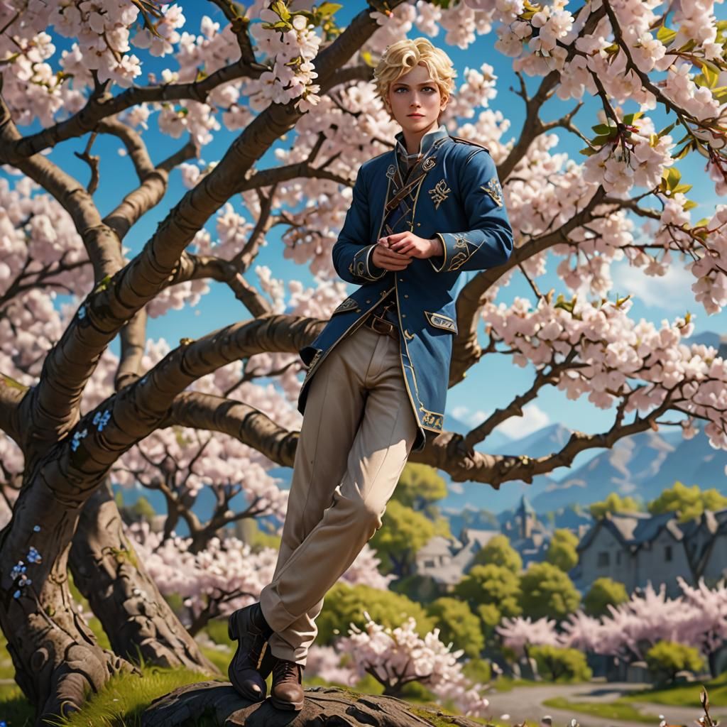 Blond Boy Leaning on Cherry Tree in Bloom
