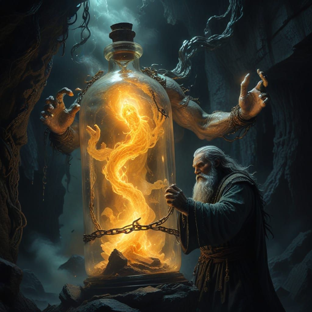 Ethereal Jinn Emerges from Mystical Glass Bottle in a Smoky,...