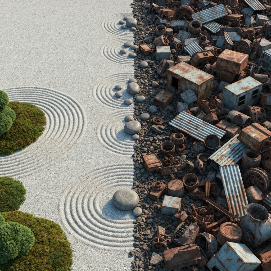 Zen Garden to Junkyard Transition in Photorealistic Style