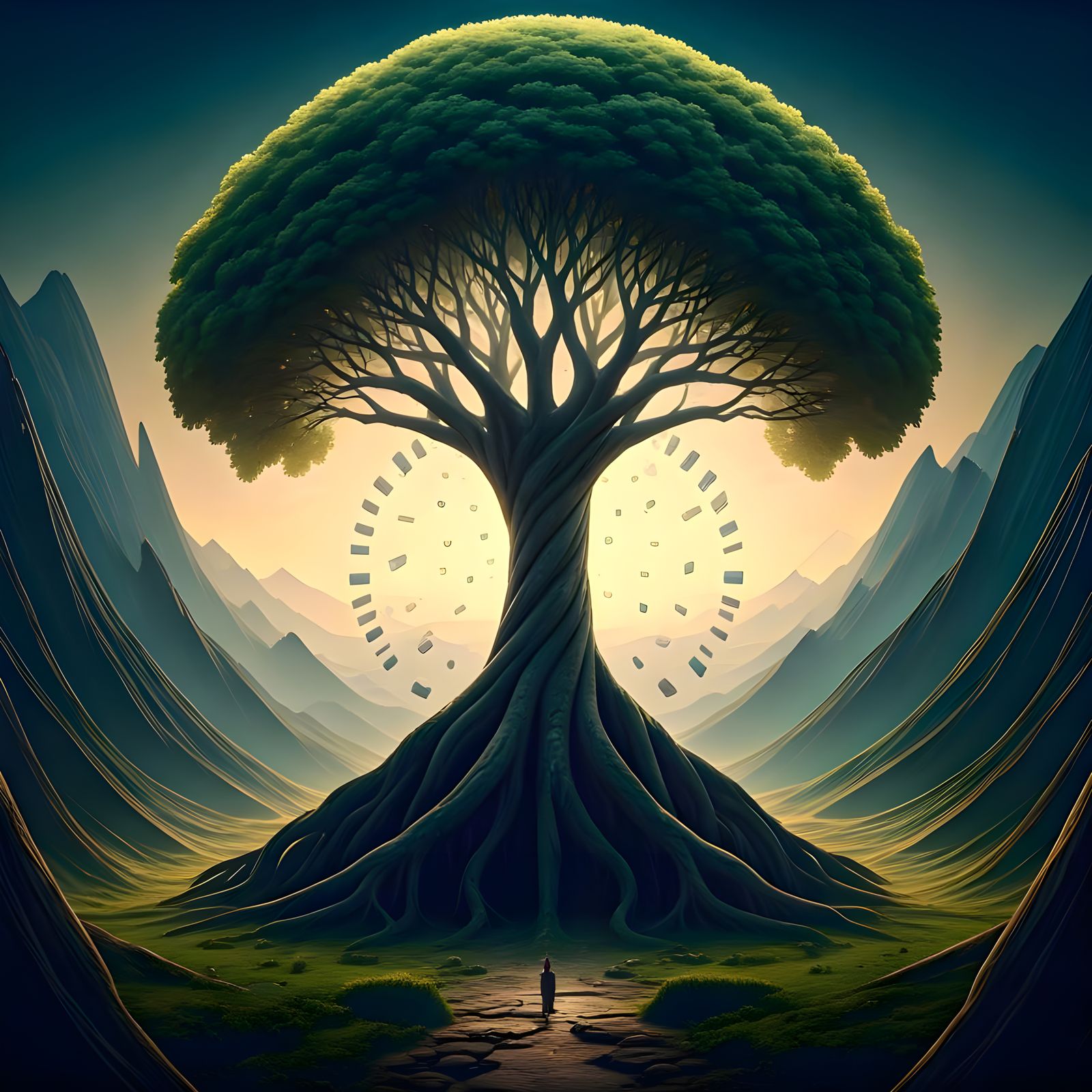 A majestic tree with sprawling roots and vibrant leaves stan...