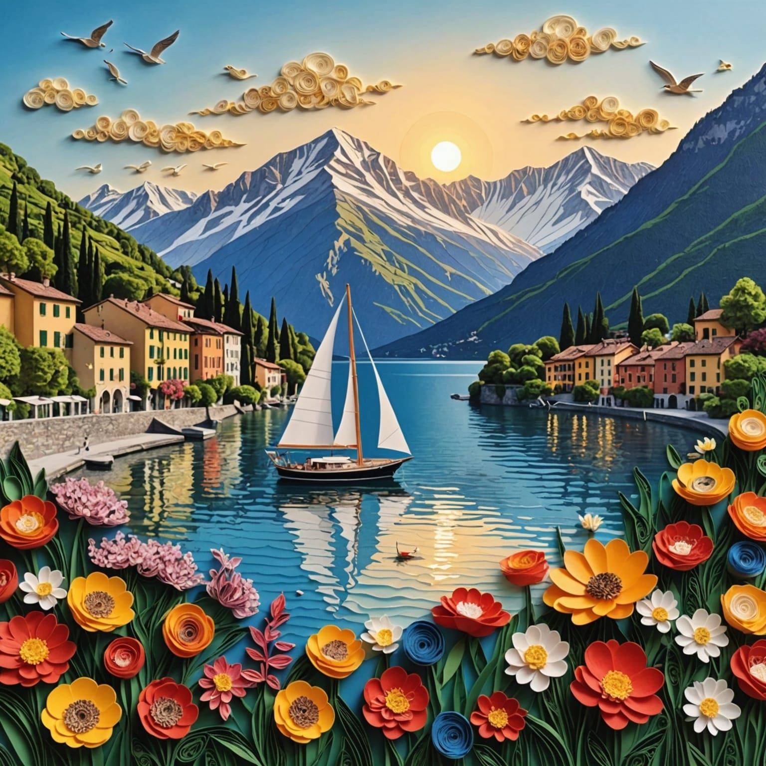 Sailboat on Lago di Como in Quilling Collage Art
