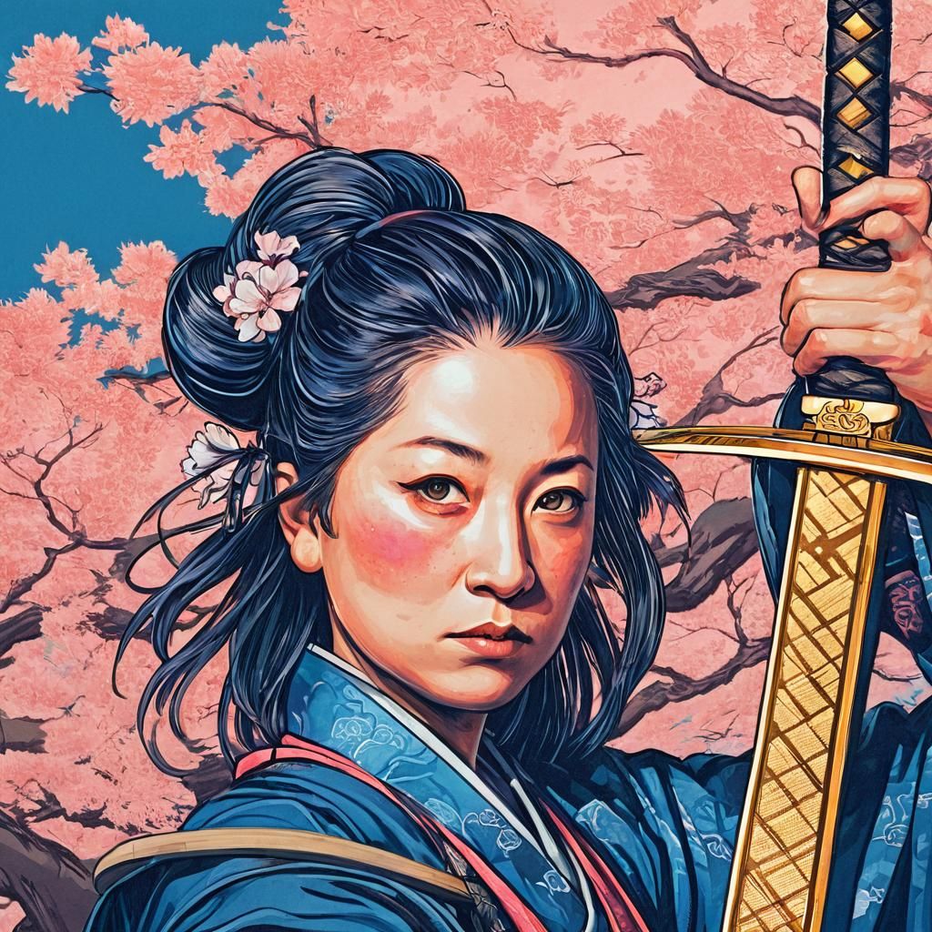Samurai Woman Portrait in Ukiyo-e Art Nouveau Style
