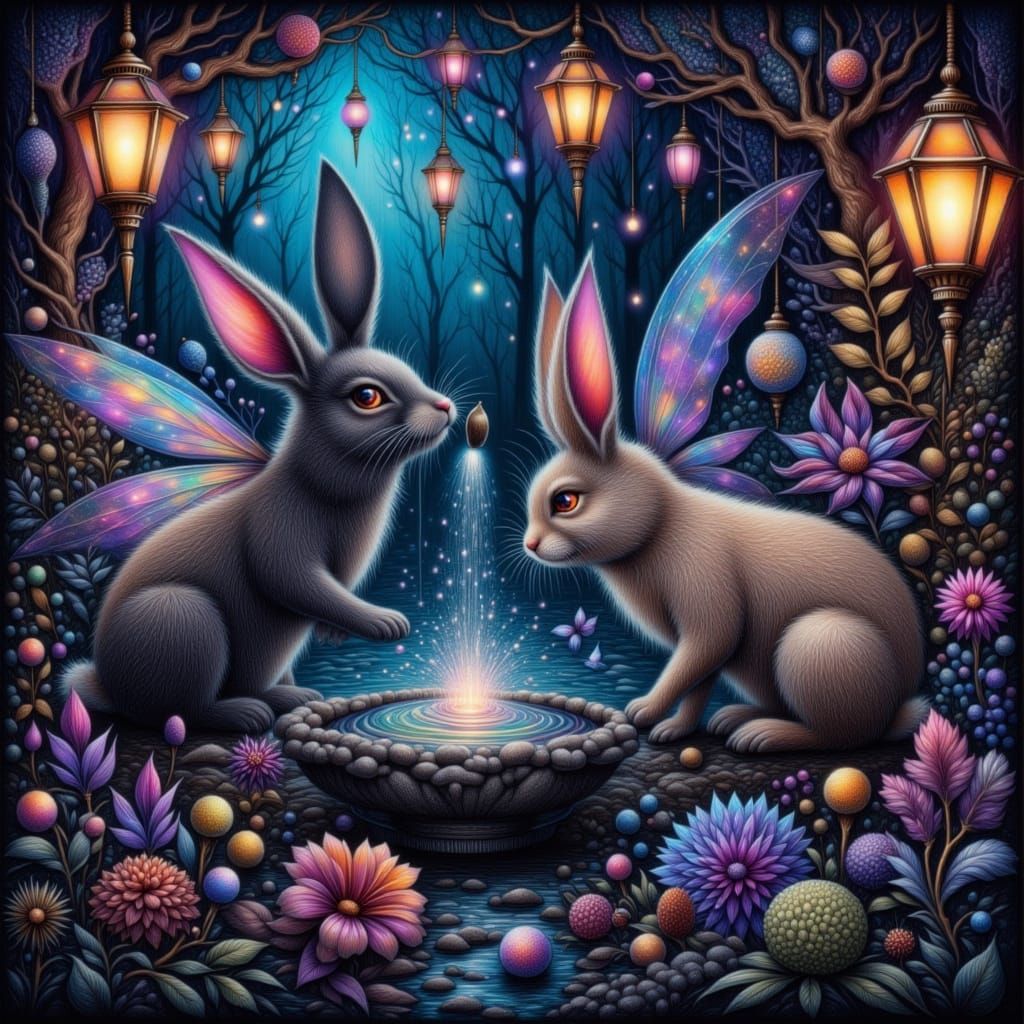 Enchanted Gothic Garden at Night with Fairy Rabbits