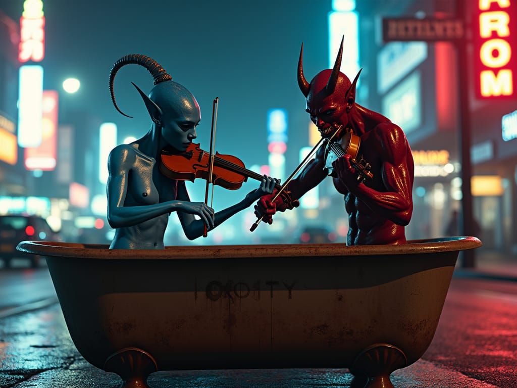 Alien and Devil Fiddle Duel in Cityscape