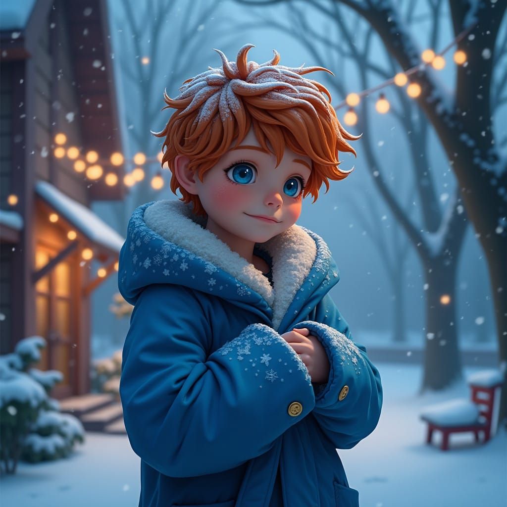 Ginger-Haired Boy Stands Outside Winter Wonderland Night