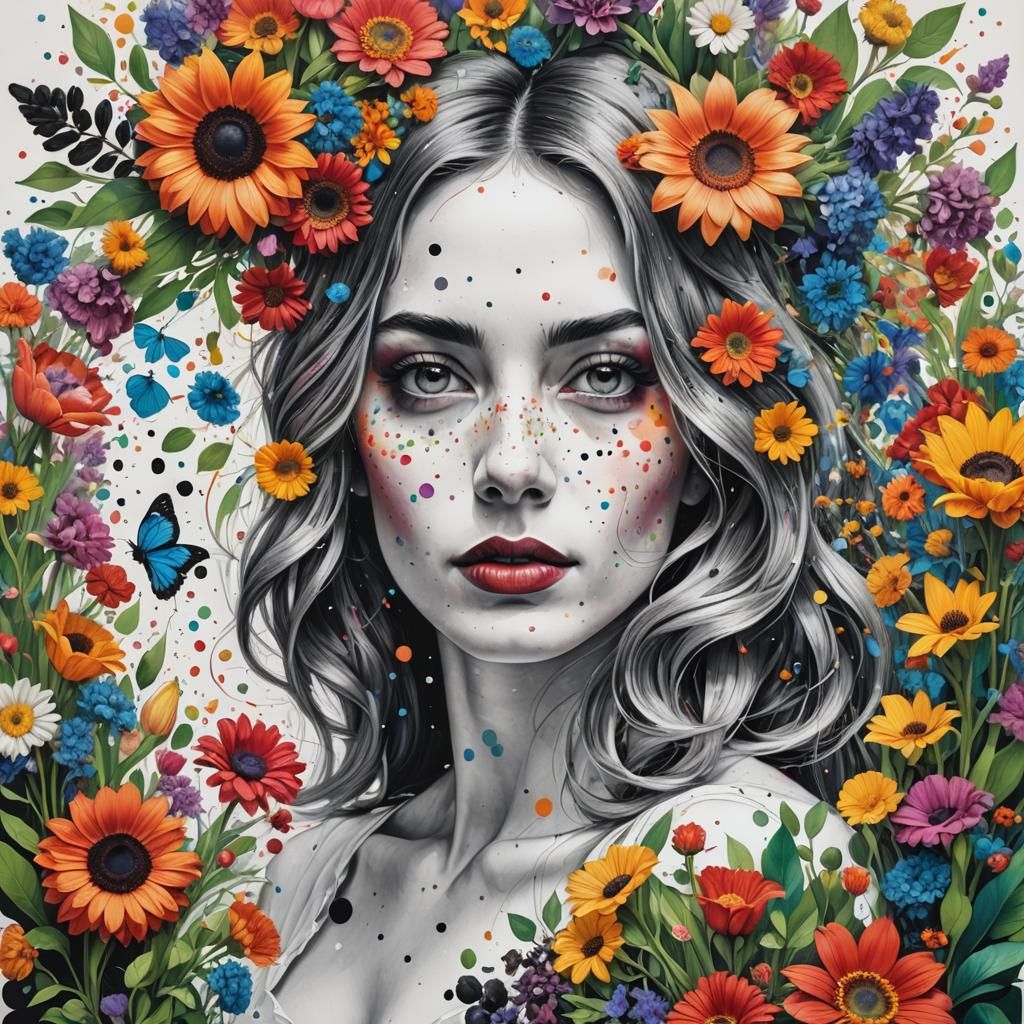 Colorful Woman in Black Dot Floral Frame