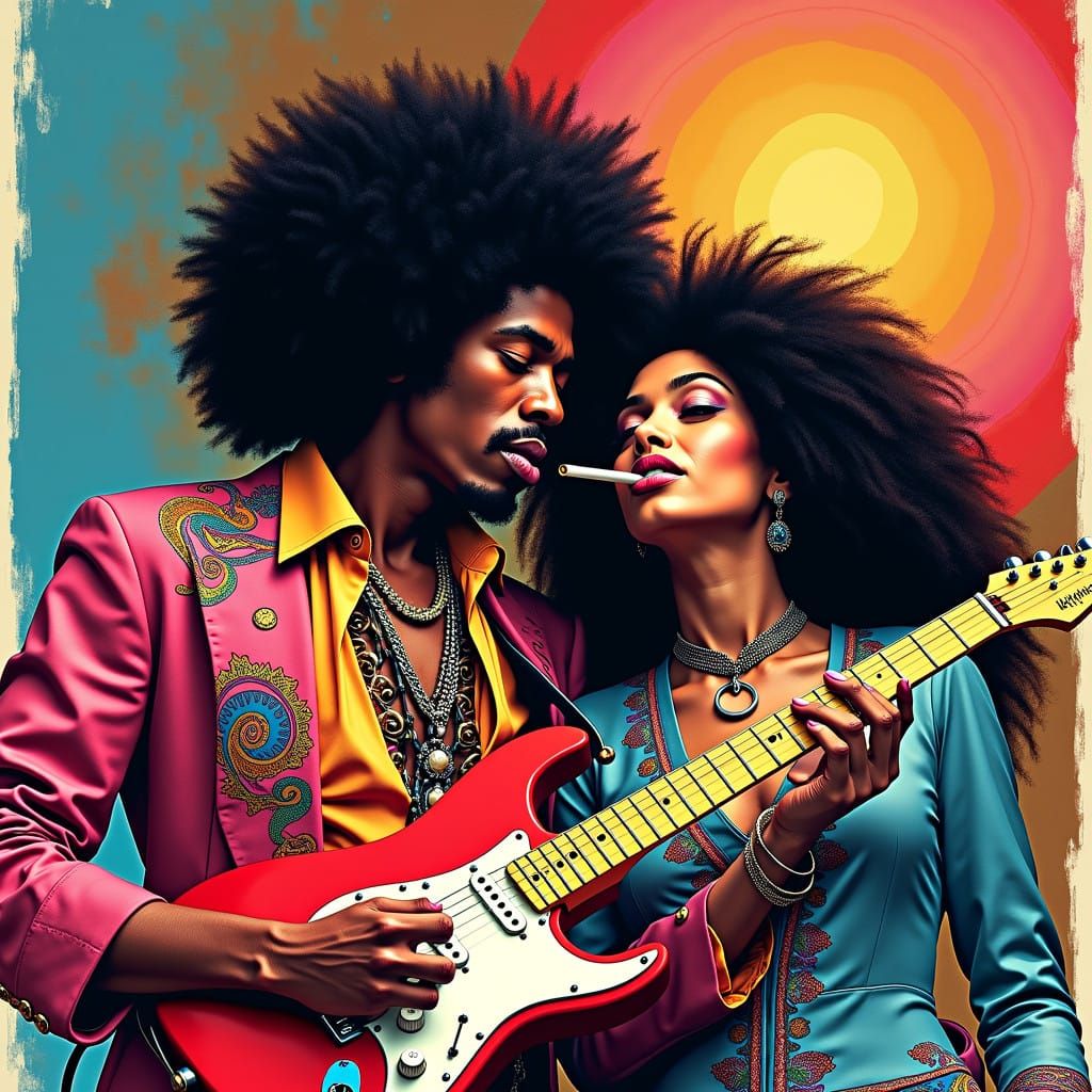 Psychedelic Rockstar Duo with Afro Hair and Vibrant Hues