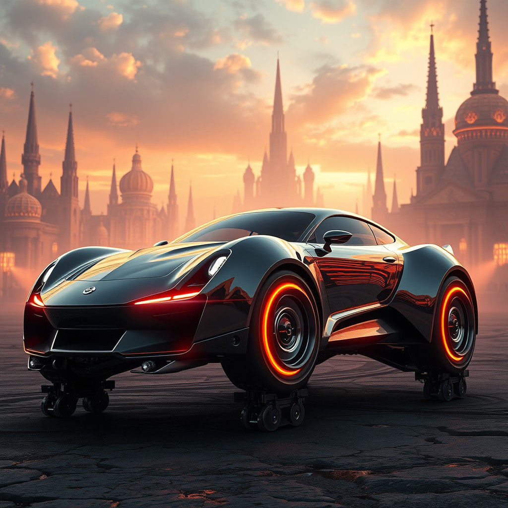 Futuristic Walking Car in Dreamlike Cityscape