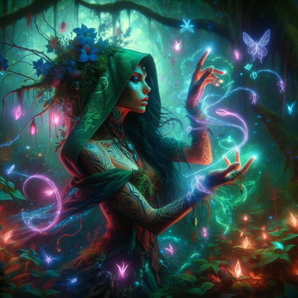 Ethereal Latina Shaman Unleashes Vibrant Magic in Moonlit Fo...