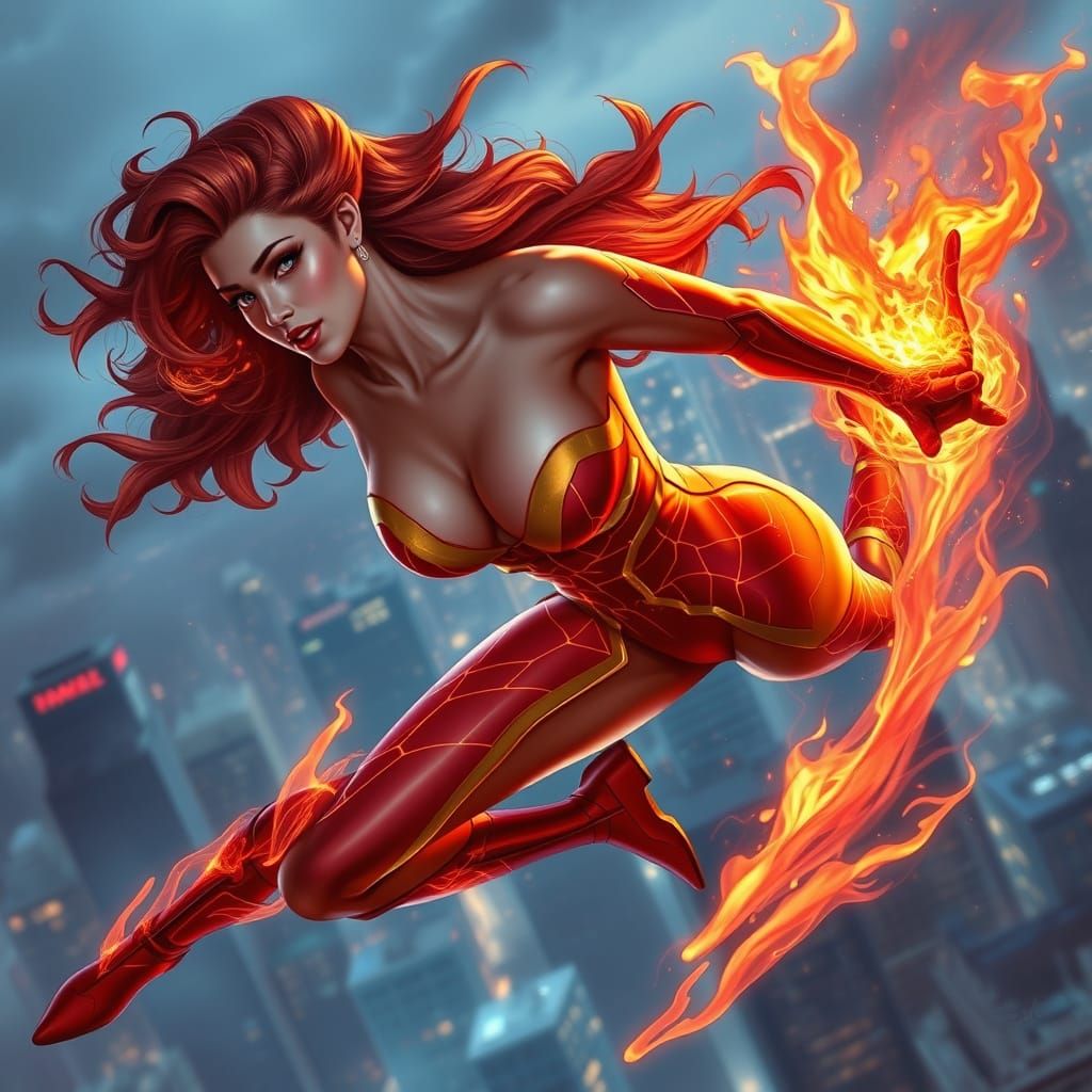 Human Torch Pin-Up Soaring Through Cityscape
