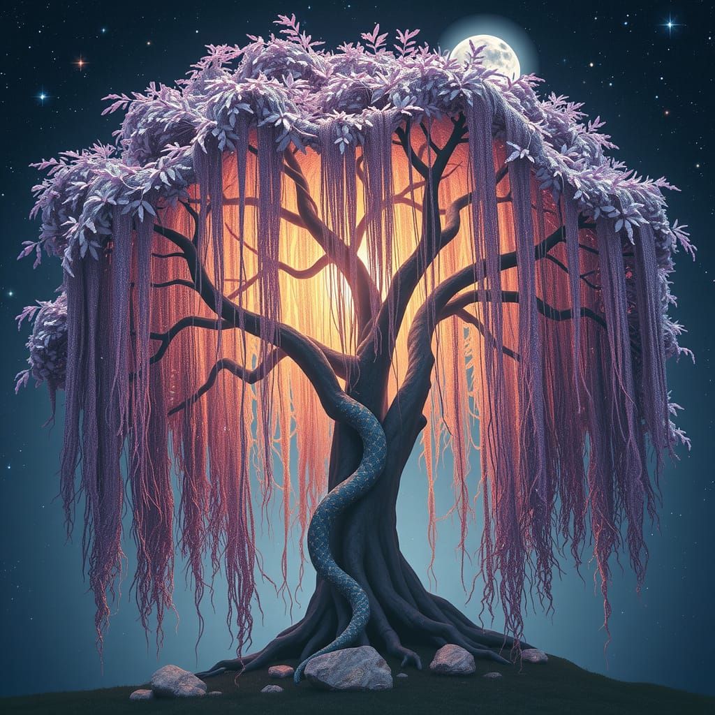 Mystical Willow Tree of Stardust in Twilight Realm