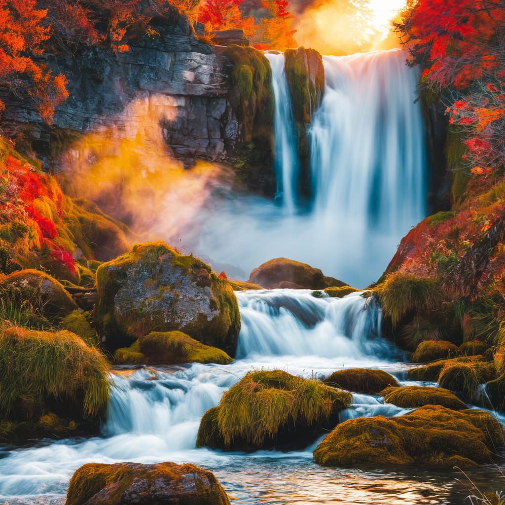 Majestic Autumn Waterfall in Golden Hour Light