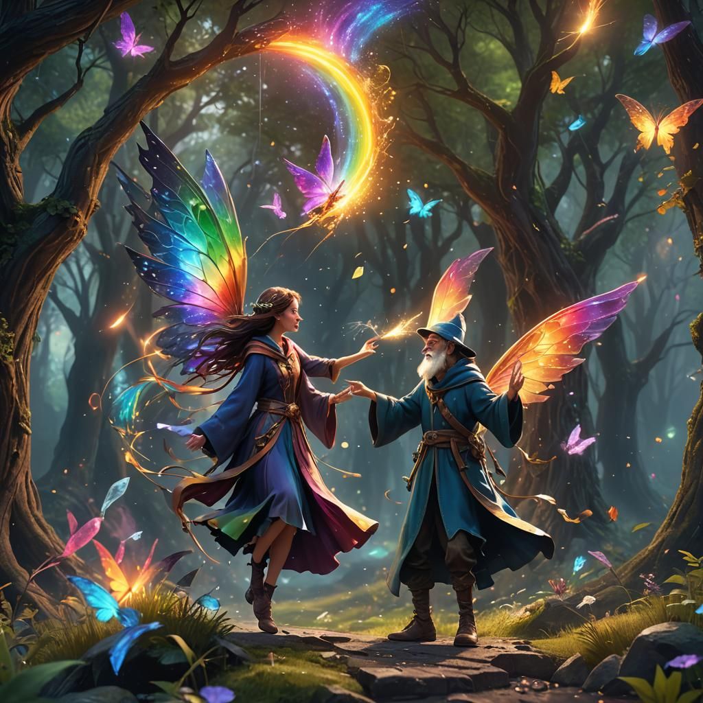 Wizard and Fairy With Rainbow Wings: Fantasy Art