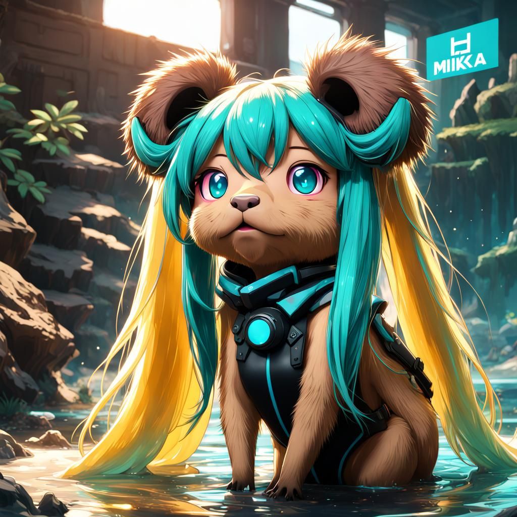 Hatsune Miku Cosplay as Capybara in Detailed Painting