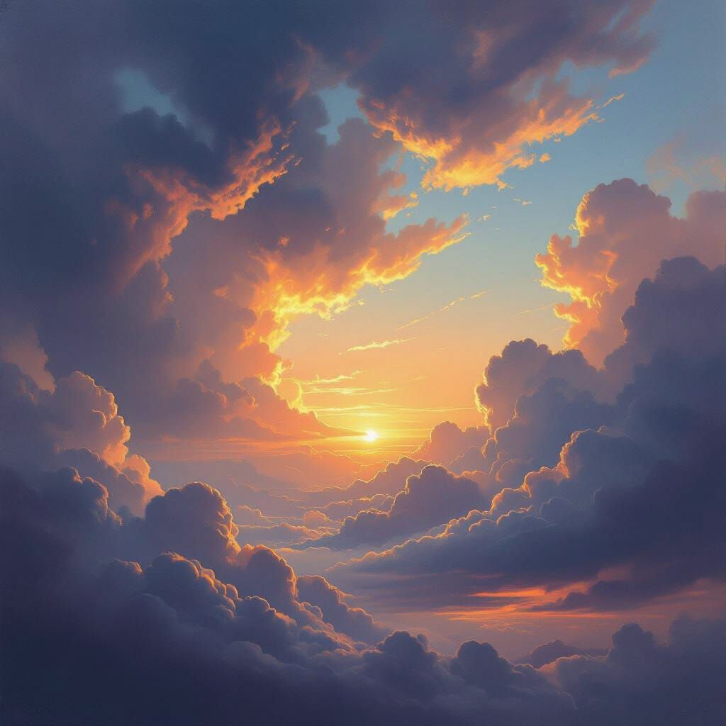 Ethereal Sky at Golden Hour: Romantic Oil Painting