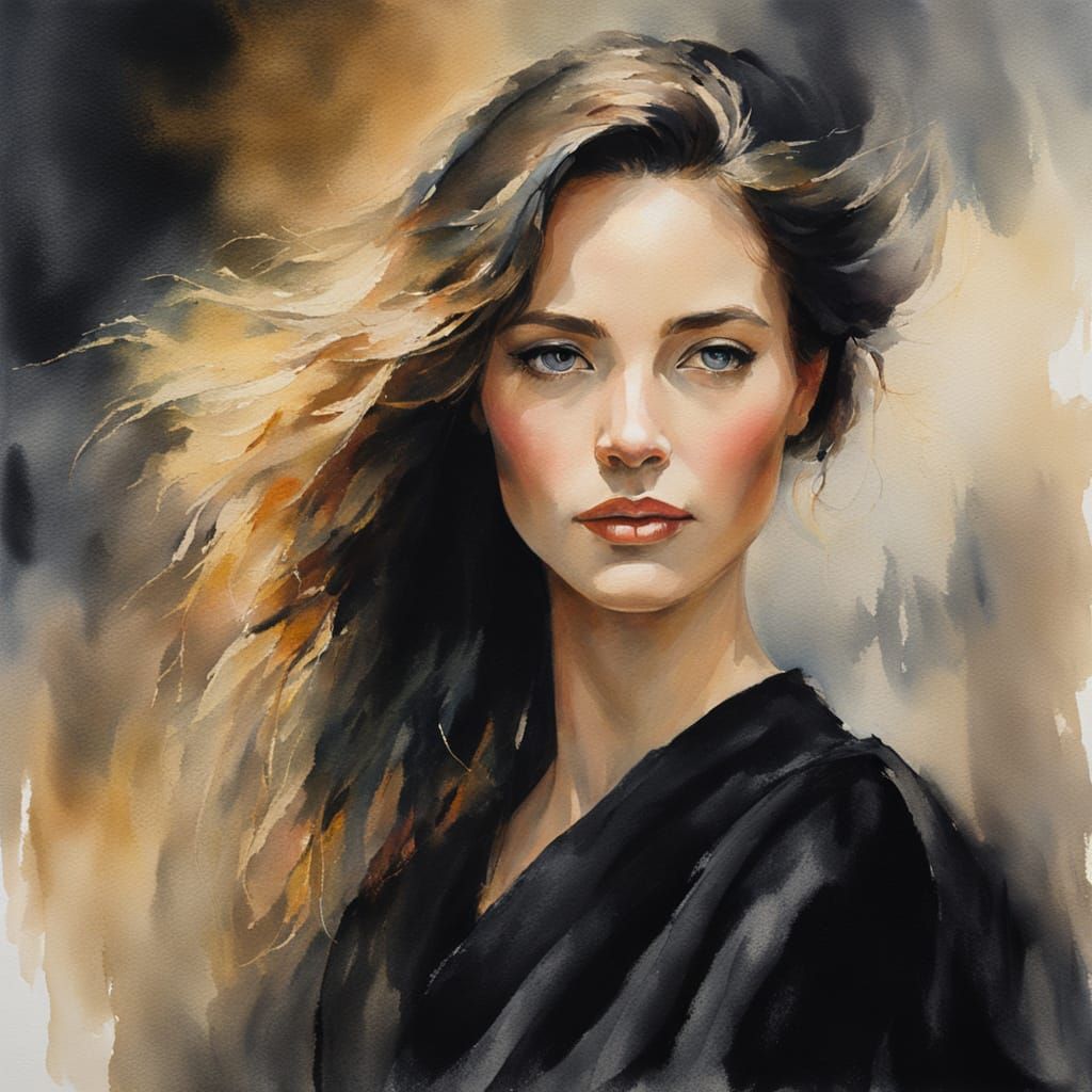Ethereal Watercolour Portrait of a Woman in Long Black Dress
