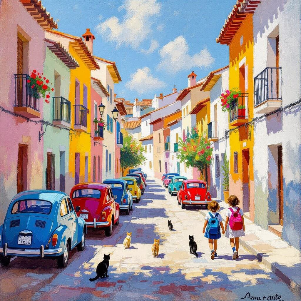 Vibrant Spanish Street Scene with Children and Cats