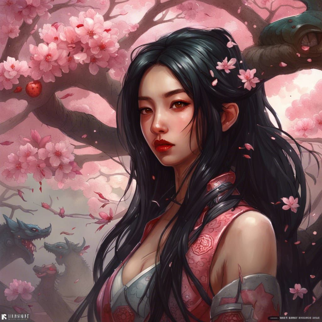 Dragon Tattoo Girl in Cherry Blossom Fantasy