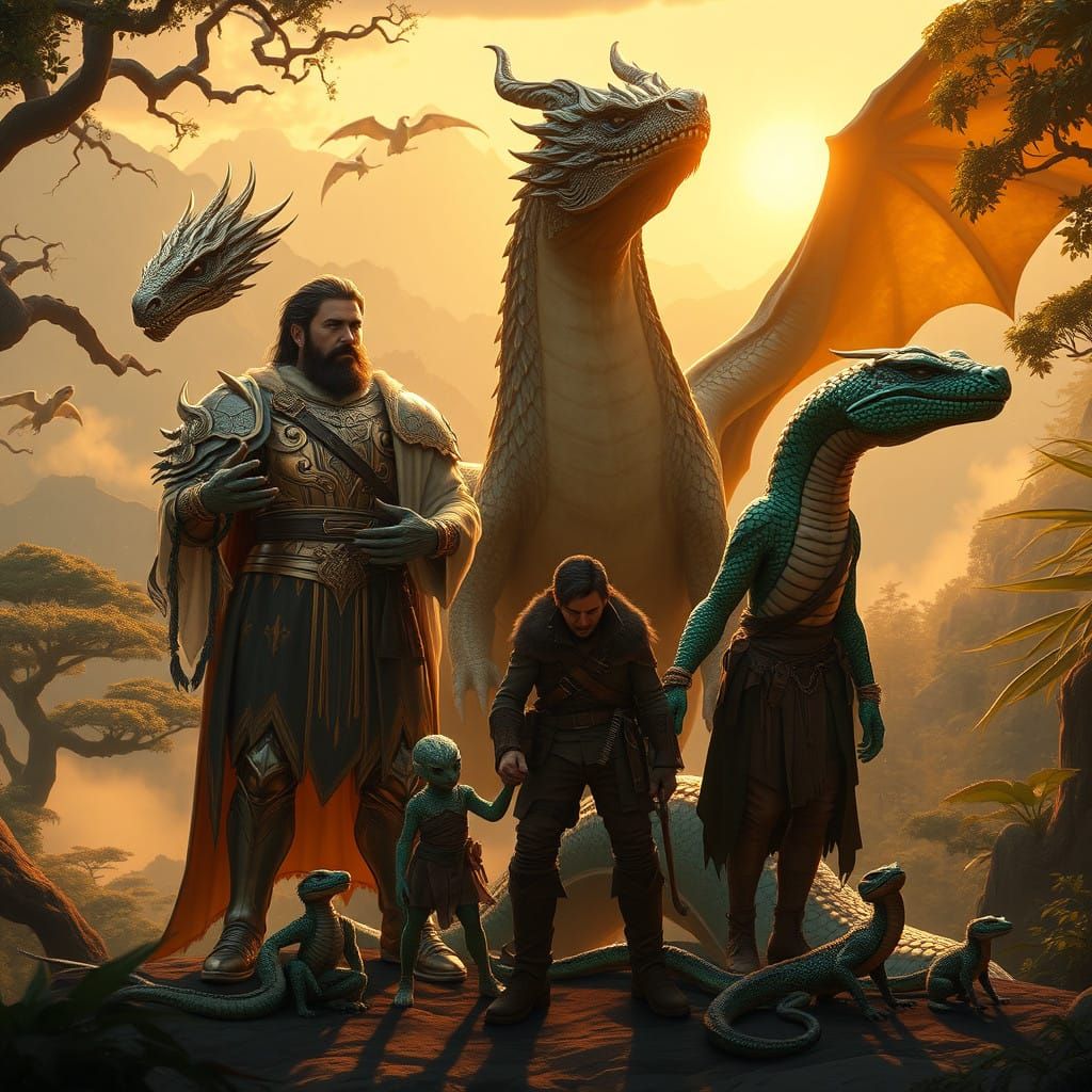 Regal Couple Surrounded by Hybrid Offspring in Enchanted Lan...