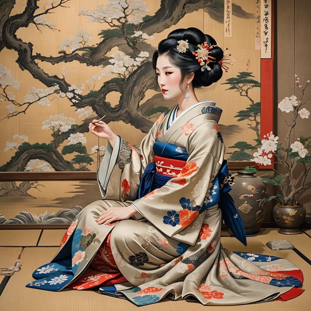 Elegant Woman Kneeling Before Ukiyo-e Painting