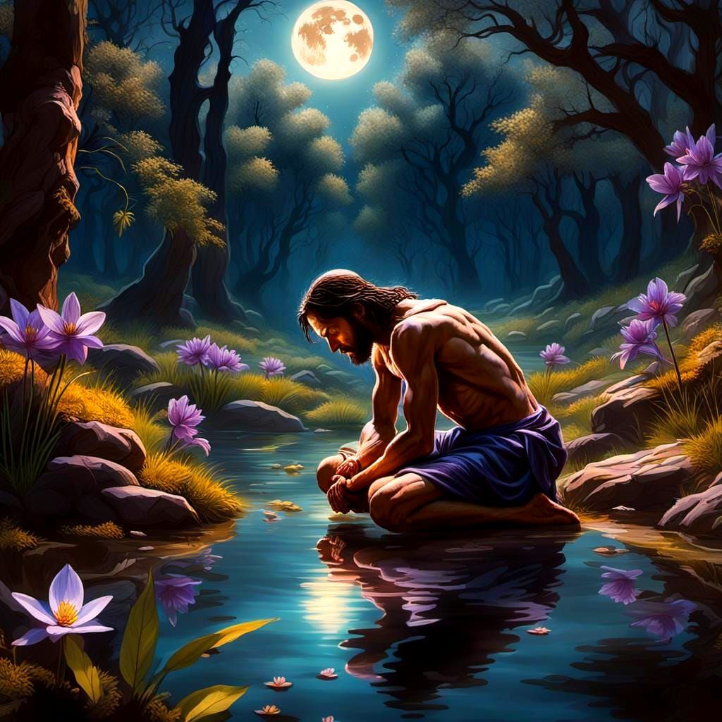 Jesus Praying in Gethsemane Under Moonlight
