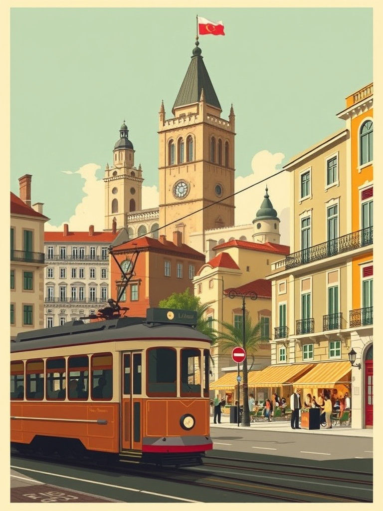 Vintage Lisbon Cityscape Travel Poster in Earthy Tones