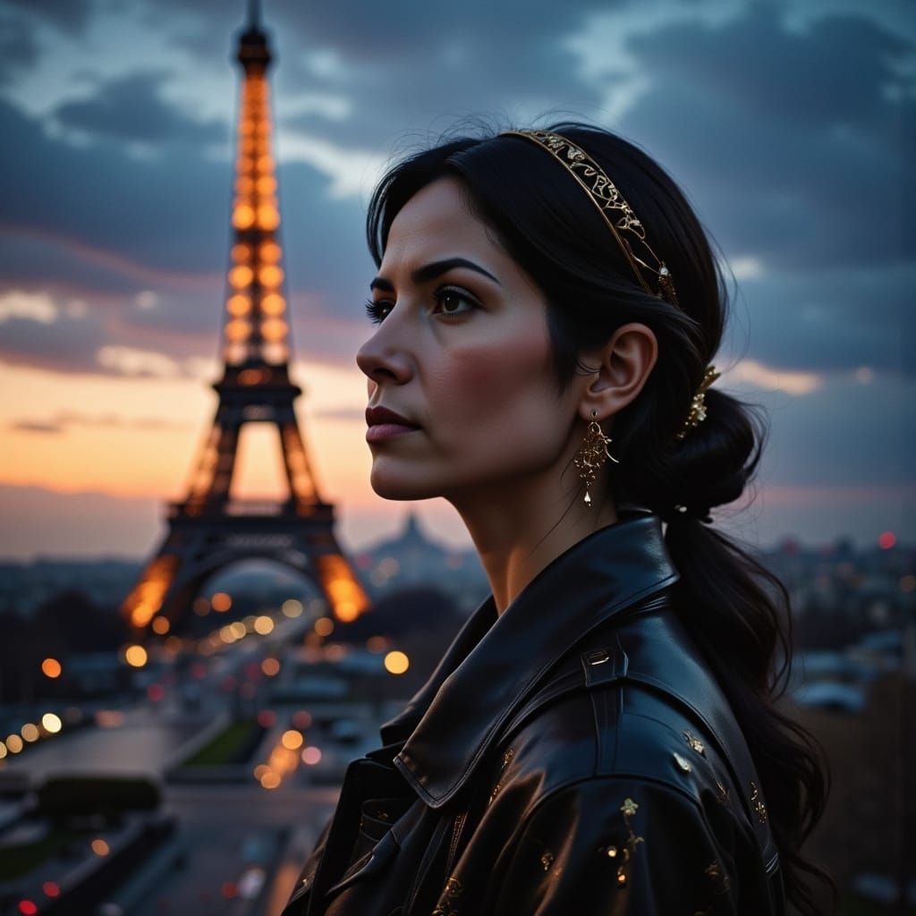 Woman Contemplates Eiffel Tower at Dusk in French Impression...