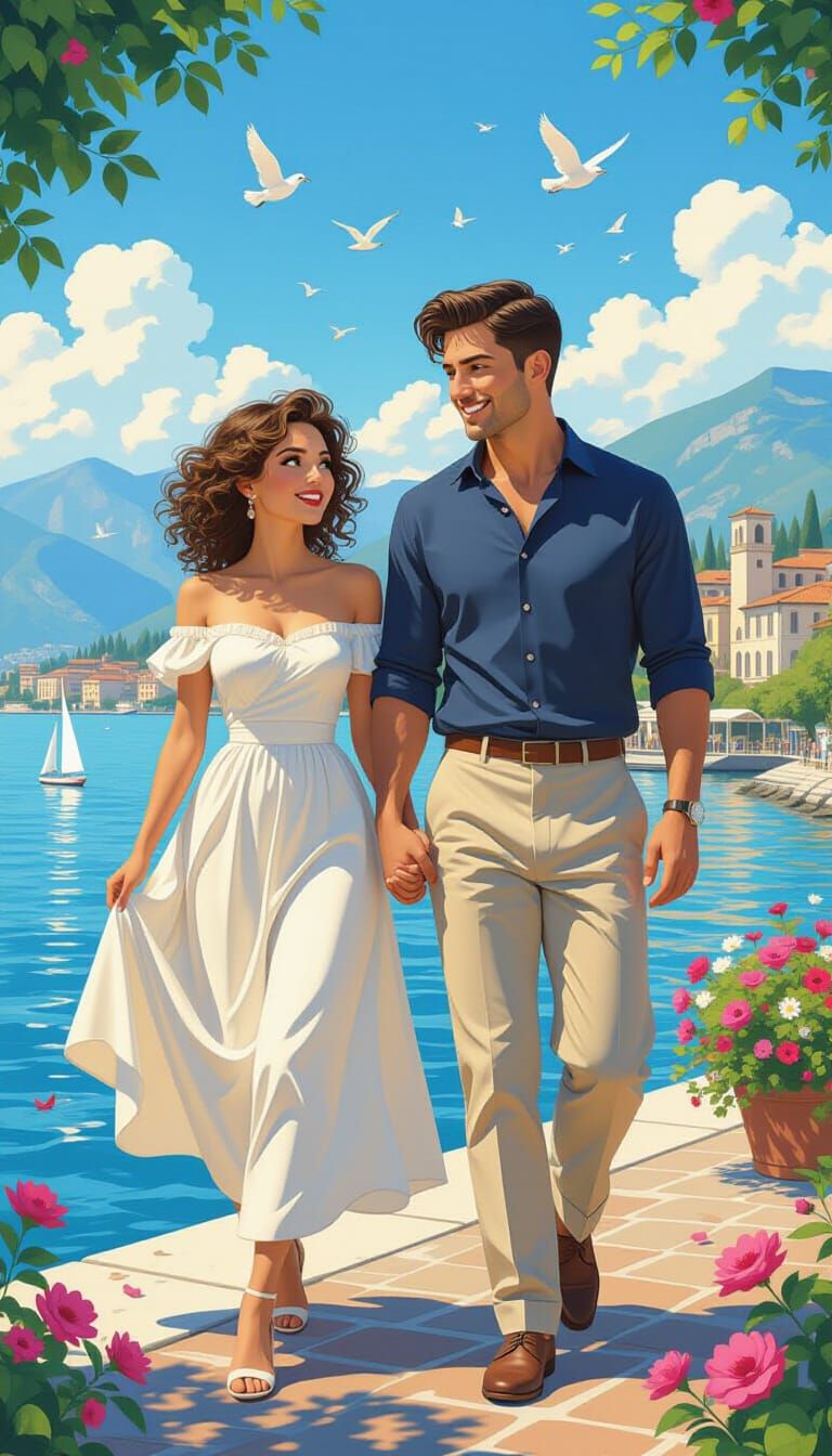 Romantic Lake Como Scene in Anime Style