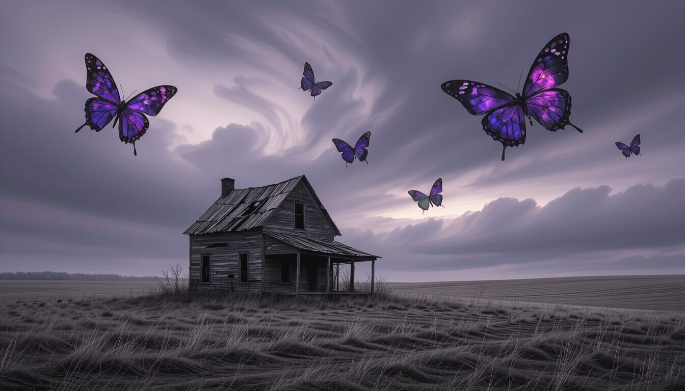 Abandoned Farmhouse on Desolate Plain with Ethereal Butterfl...