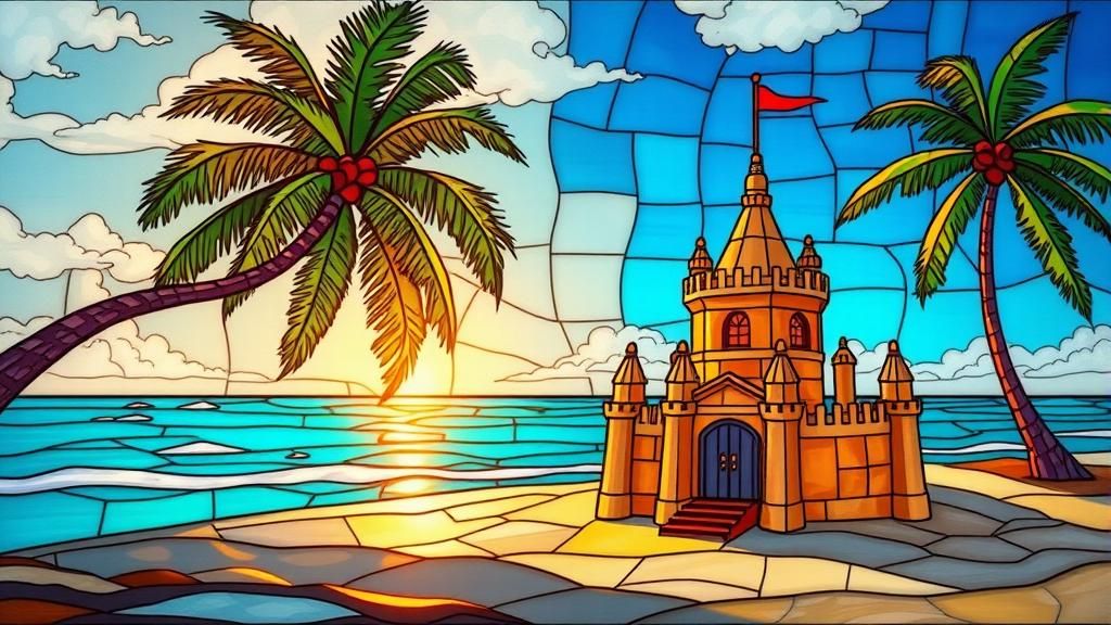 Sandcastle on Beach in Stained Glass Style
