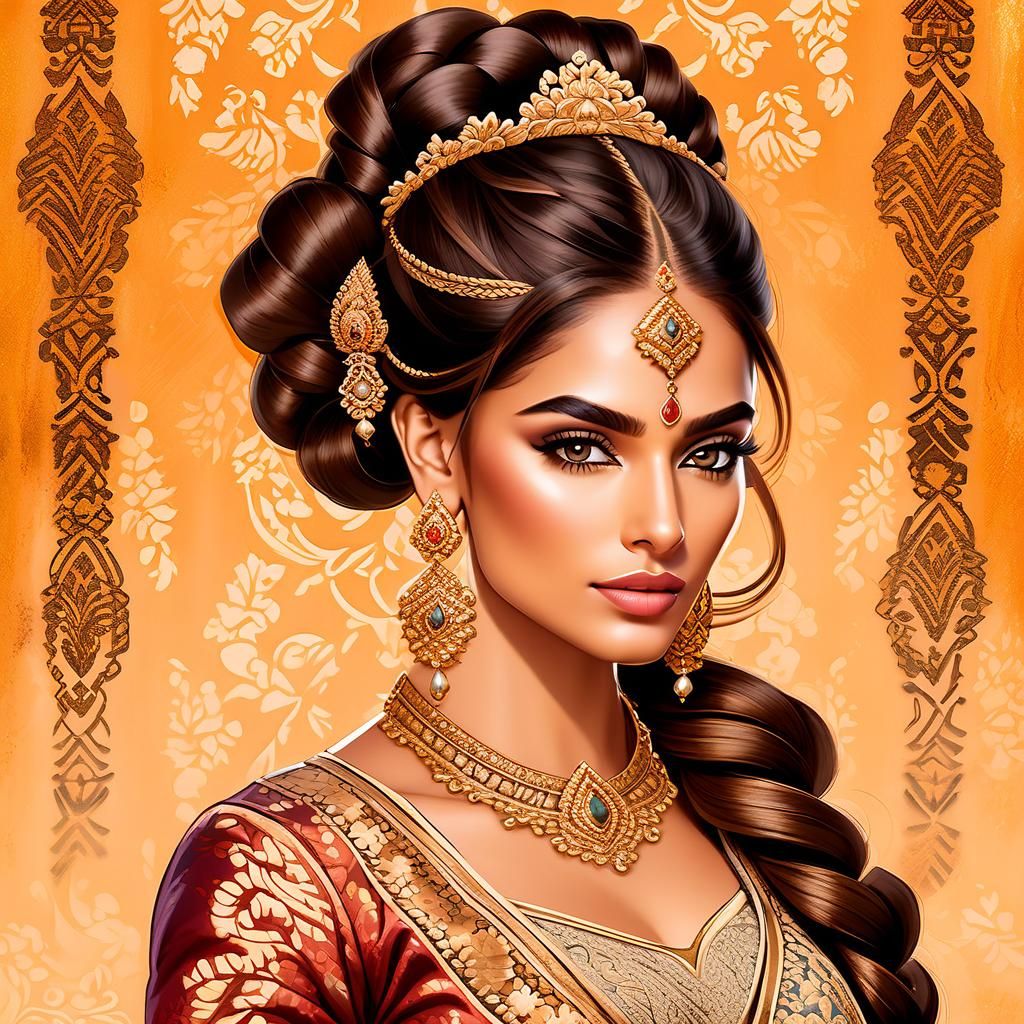 Bollywood Beauty with Braided Hair in Cartoon Style