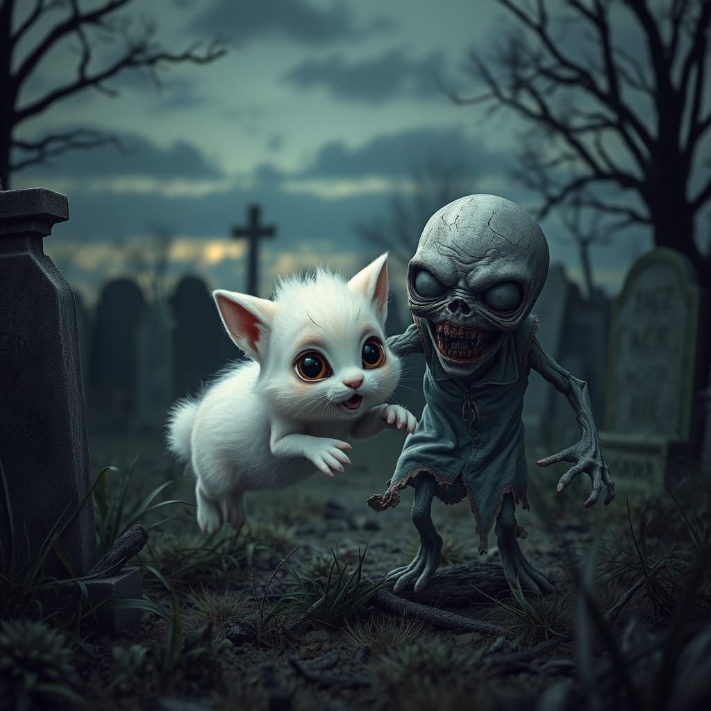 Whimsical Creature Pounces on Undead Zombie in Eerie Graveya...