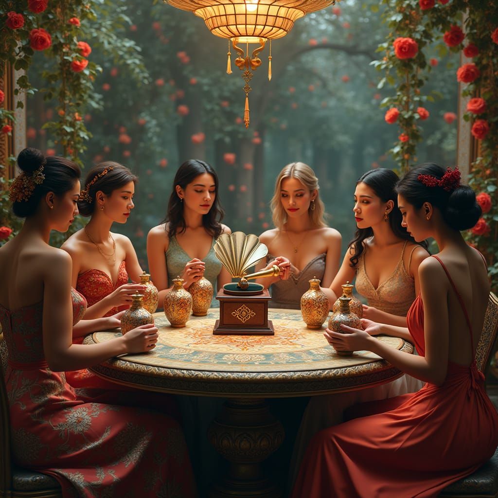 Elegantly Dressed Women Gather Around a Round Table in a Mys...