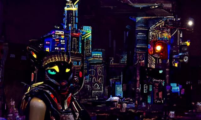 Bastet as Cyberpunk Cat Goddess in Egyptian City