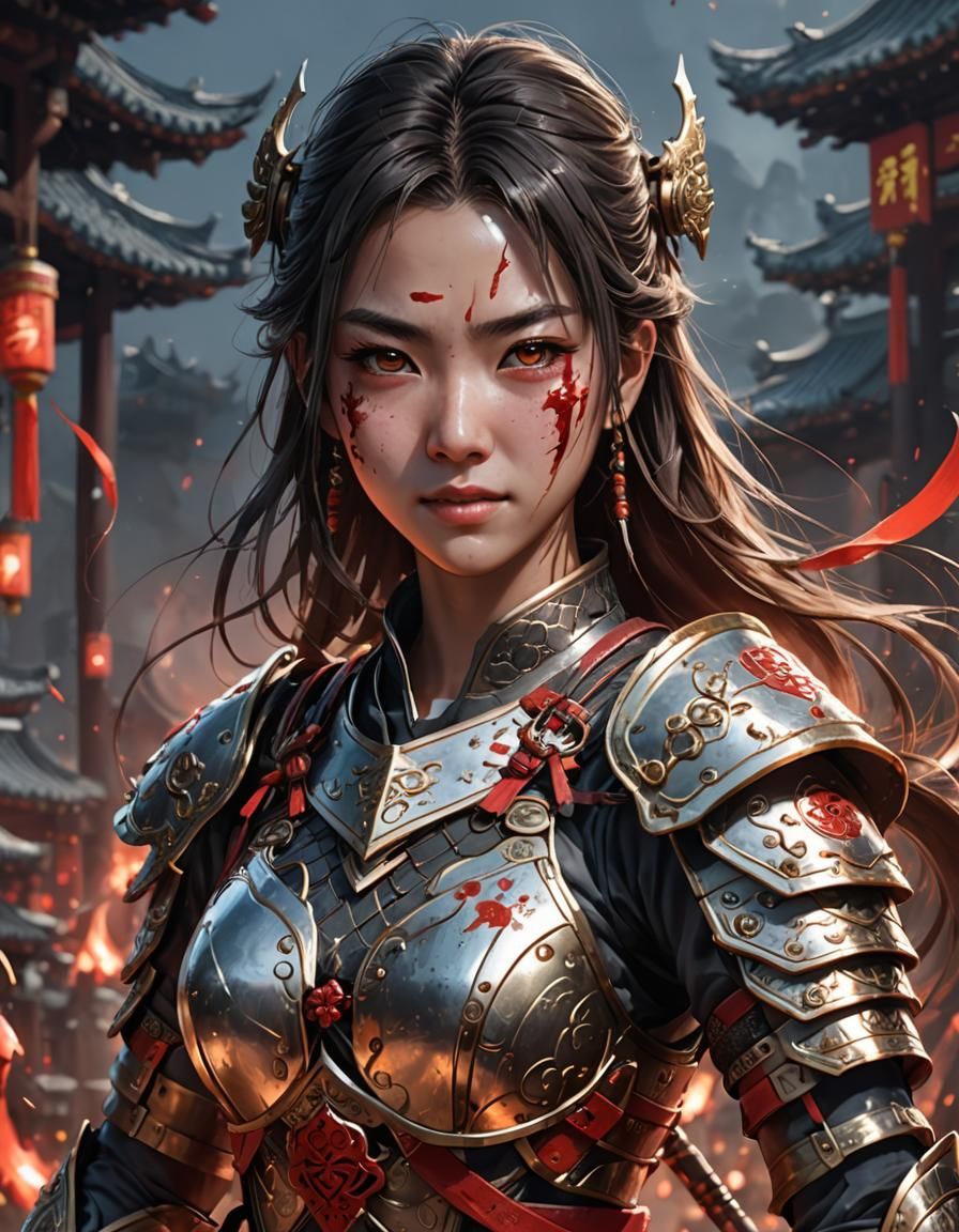 Determined Female Warrior in Traditional Chinese Anime Style