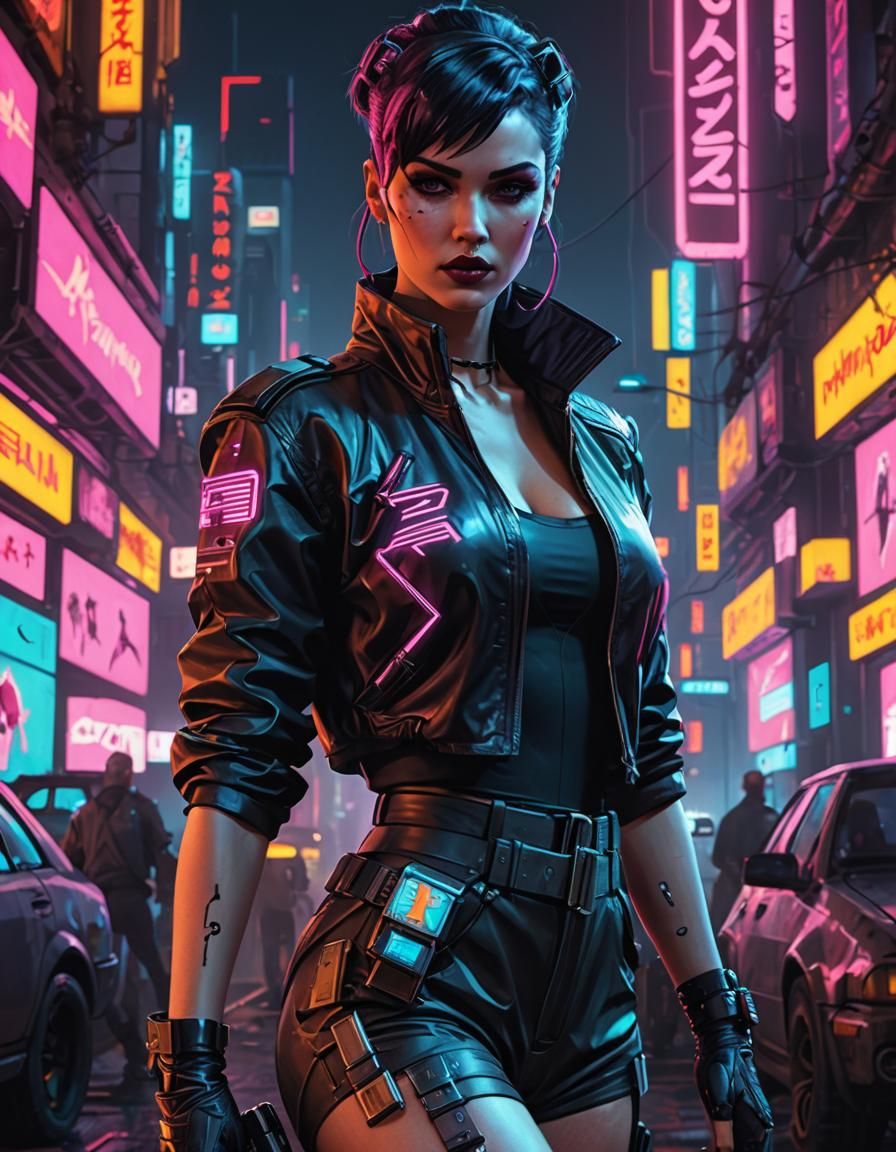 Cyberpunk Pin-Up Girl in Neon Cityscape