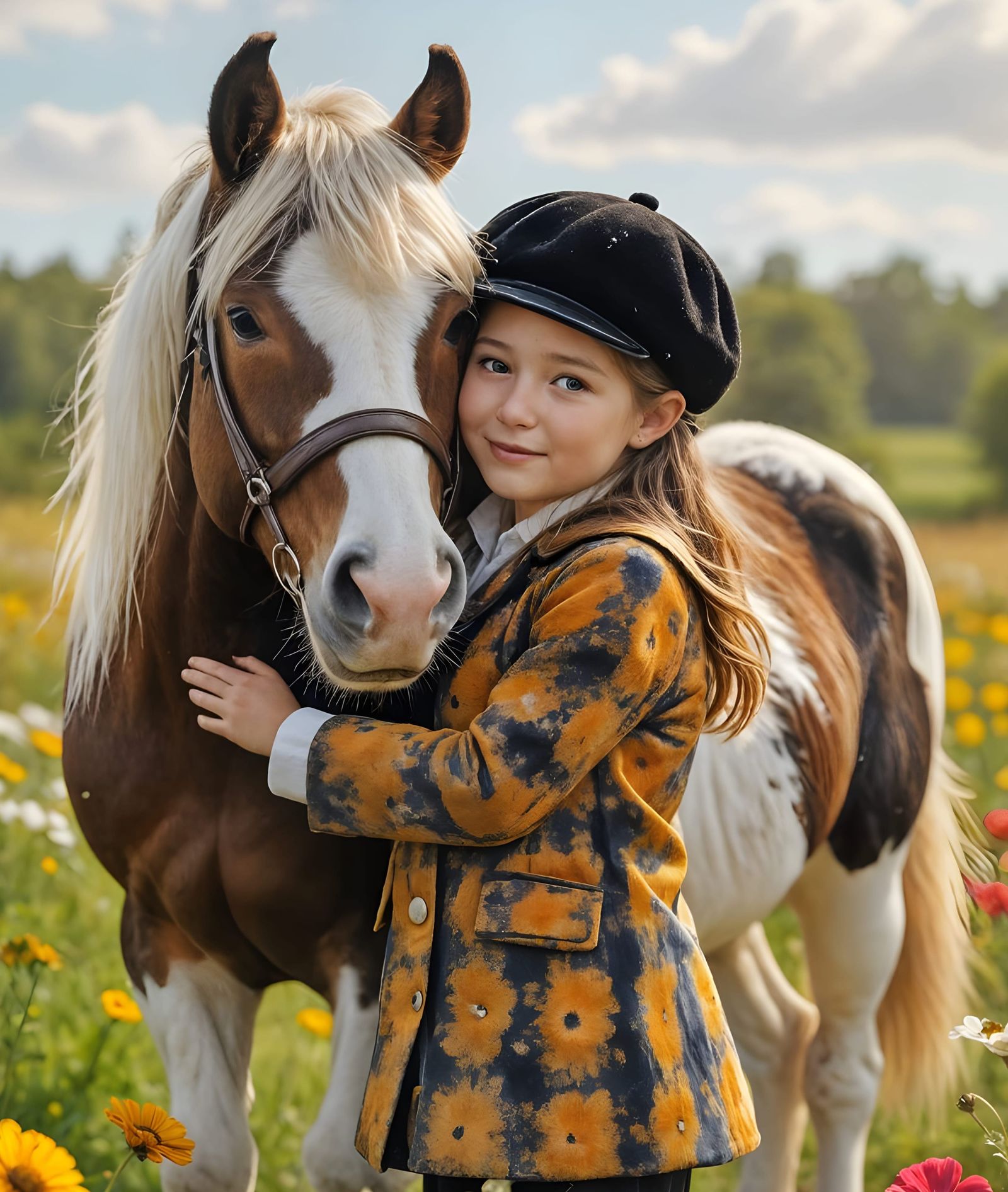 Girl and Pinto Shetland Pony in Spring Meadow