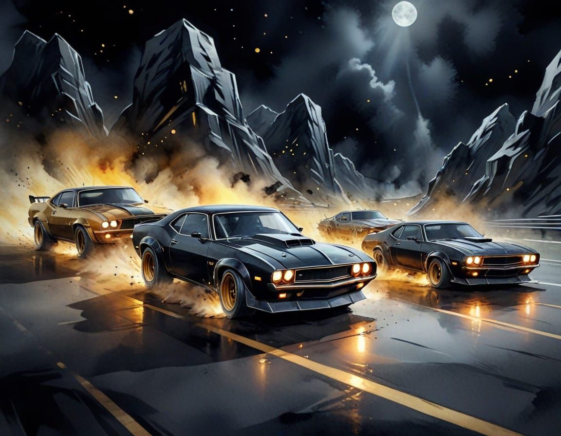 Dark Academia Night Racing Scene in Watercolor Cartoon Style