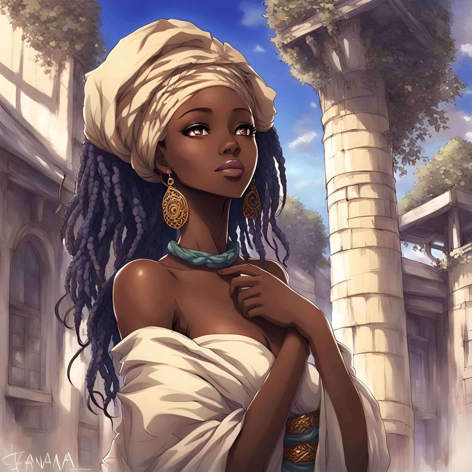Beautiful African Woman in Anime Style