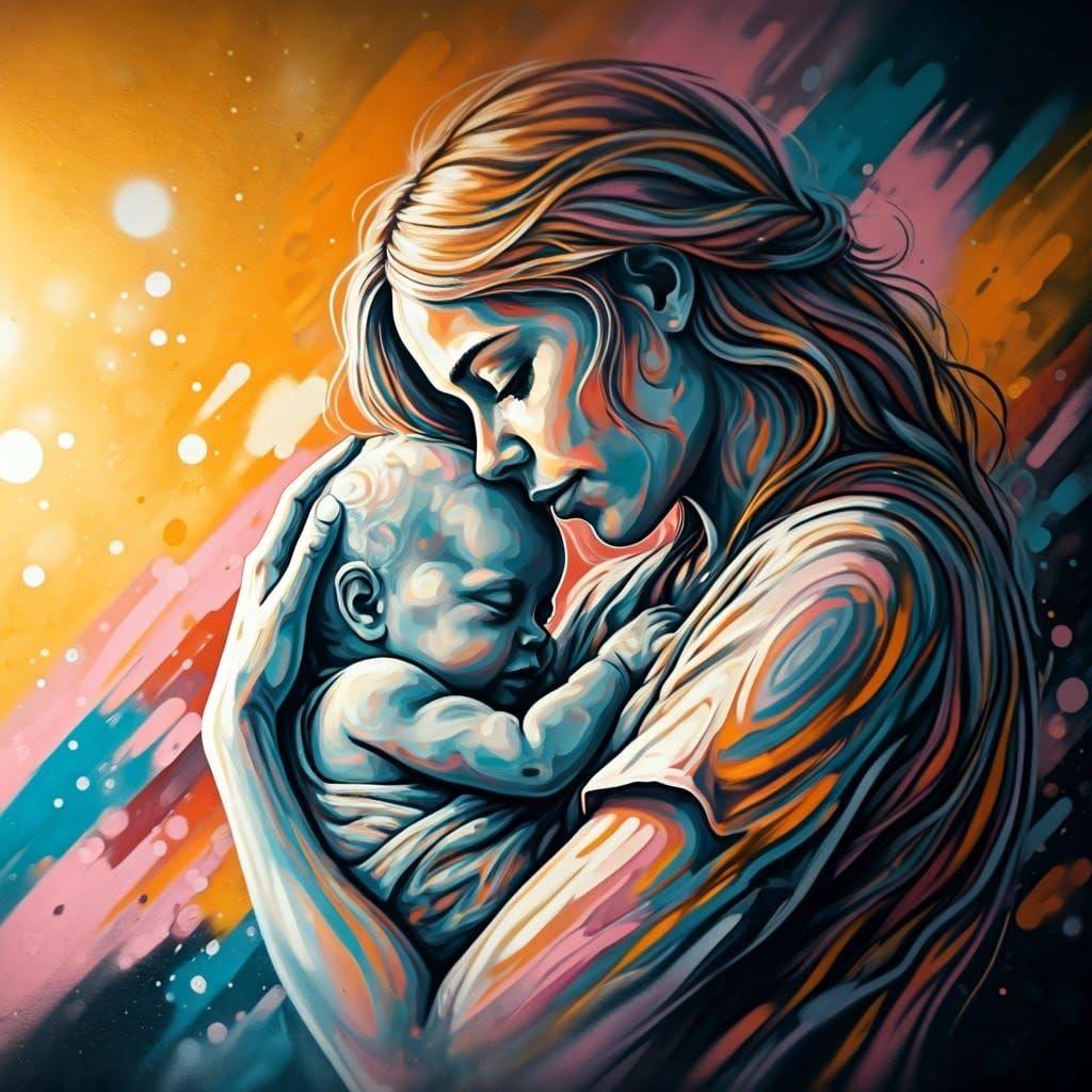 Vibrant Hospital Wall Art with Mother and Baby in Abstract S...
