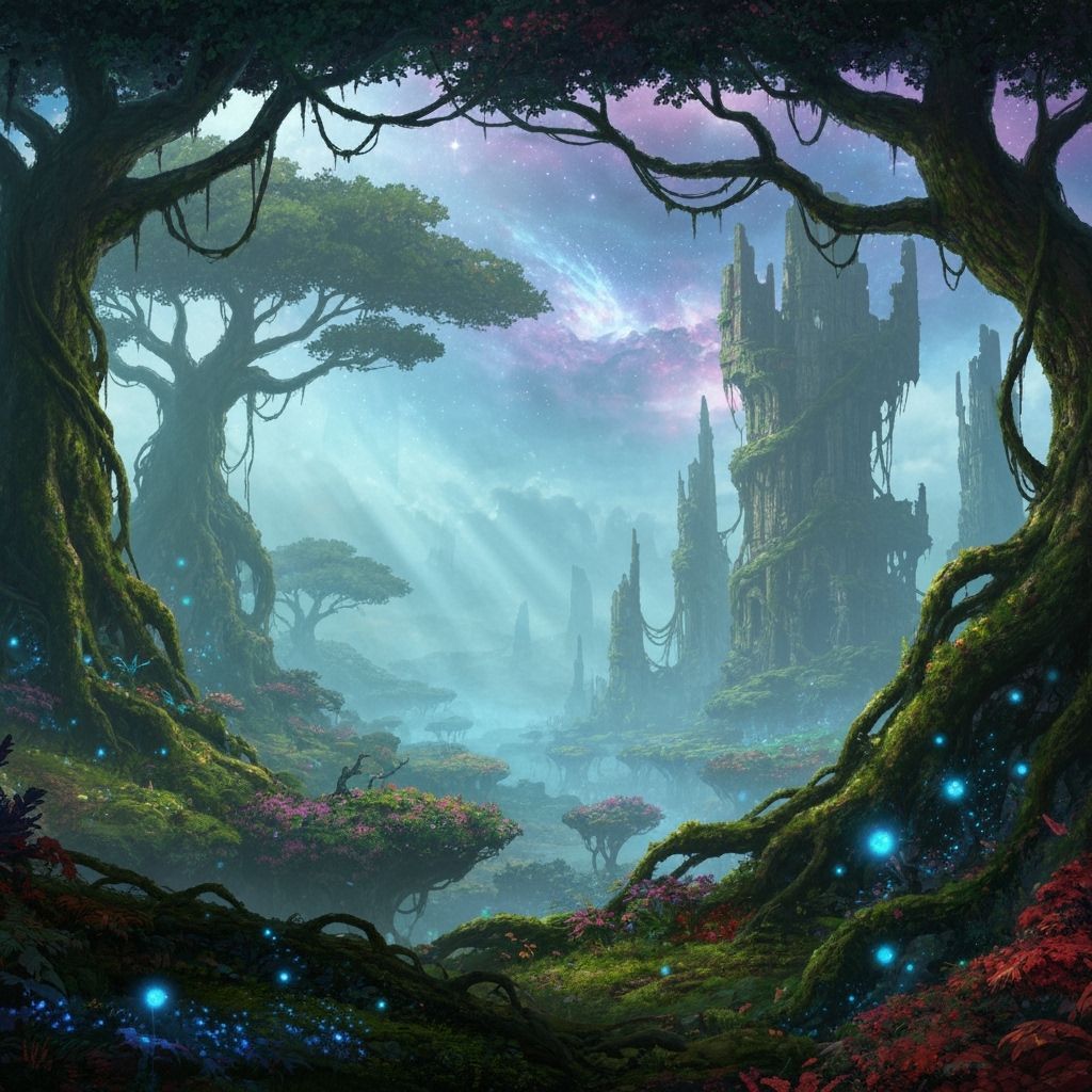 Fantastical Forest Vista with Ancient Ruins and Strange Crea...