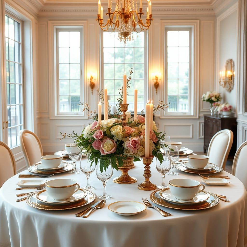 Luxurious Table Setting with Gold Accents and Soft Warm Ligh...