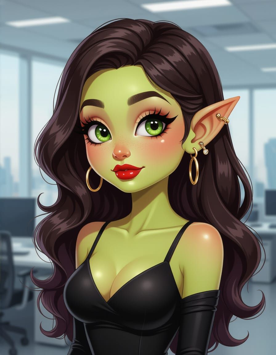 Adorkable Orc Girl in Corporate Office, Hyperrealistic