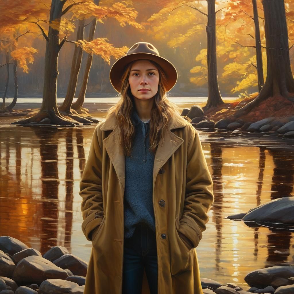 Autumnal Lakeside Scene in Hudson River School Style