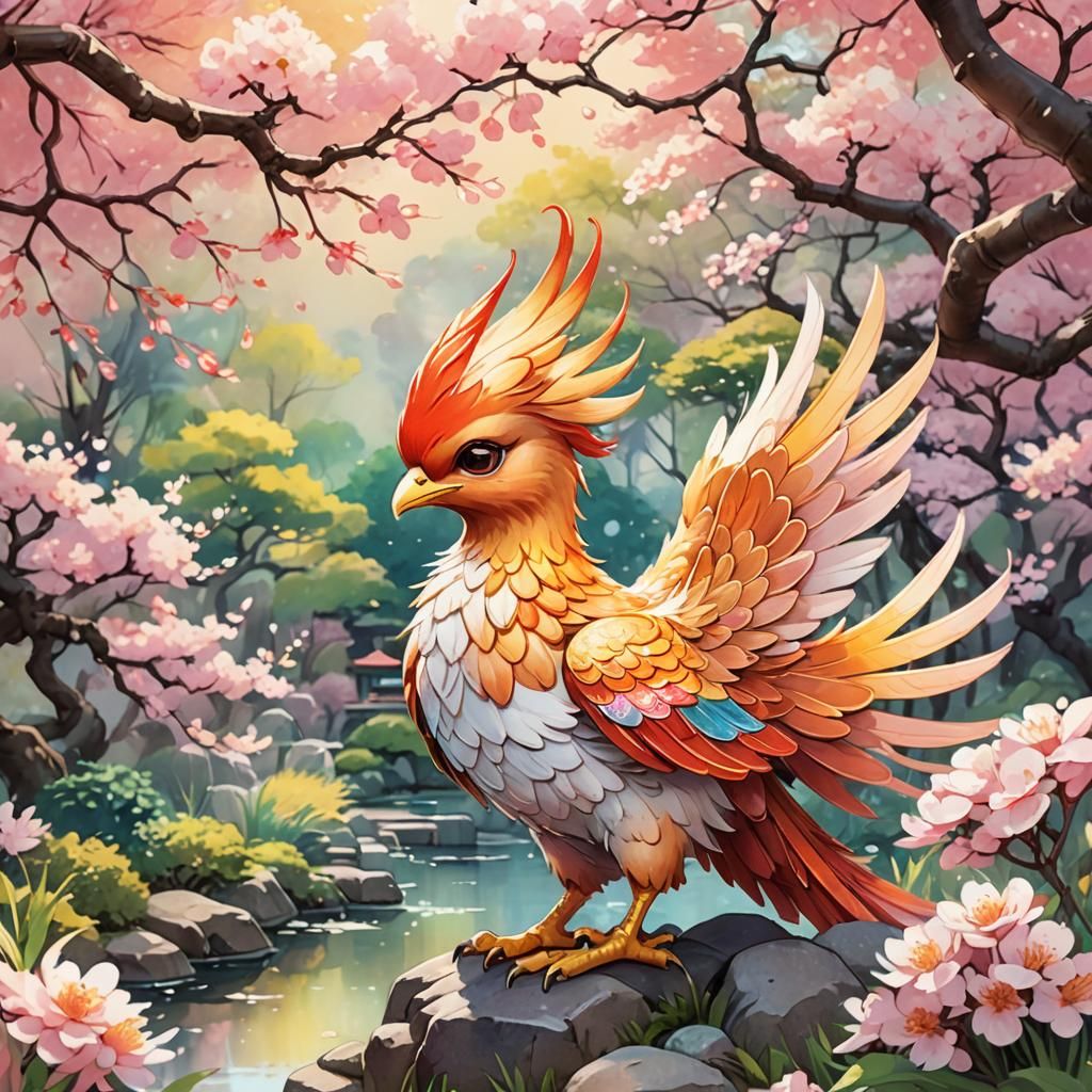 Anime Phoenix in Japanese Garden, Studio Trigger Style