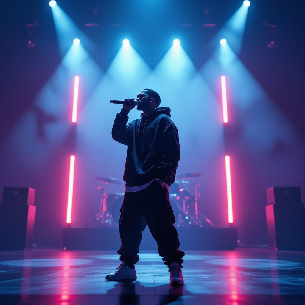Passionate Rap Musician Silhouetted in Electric LED Glow
