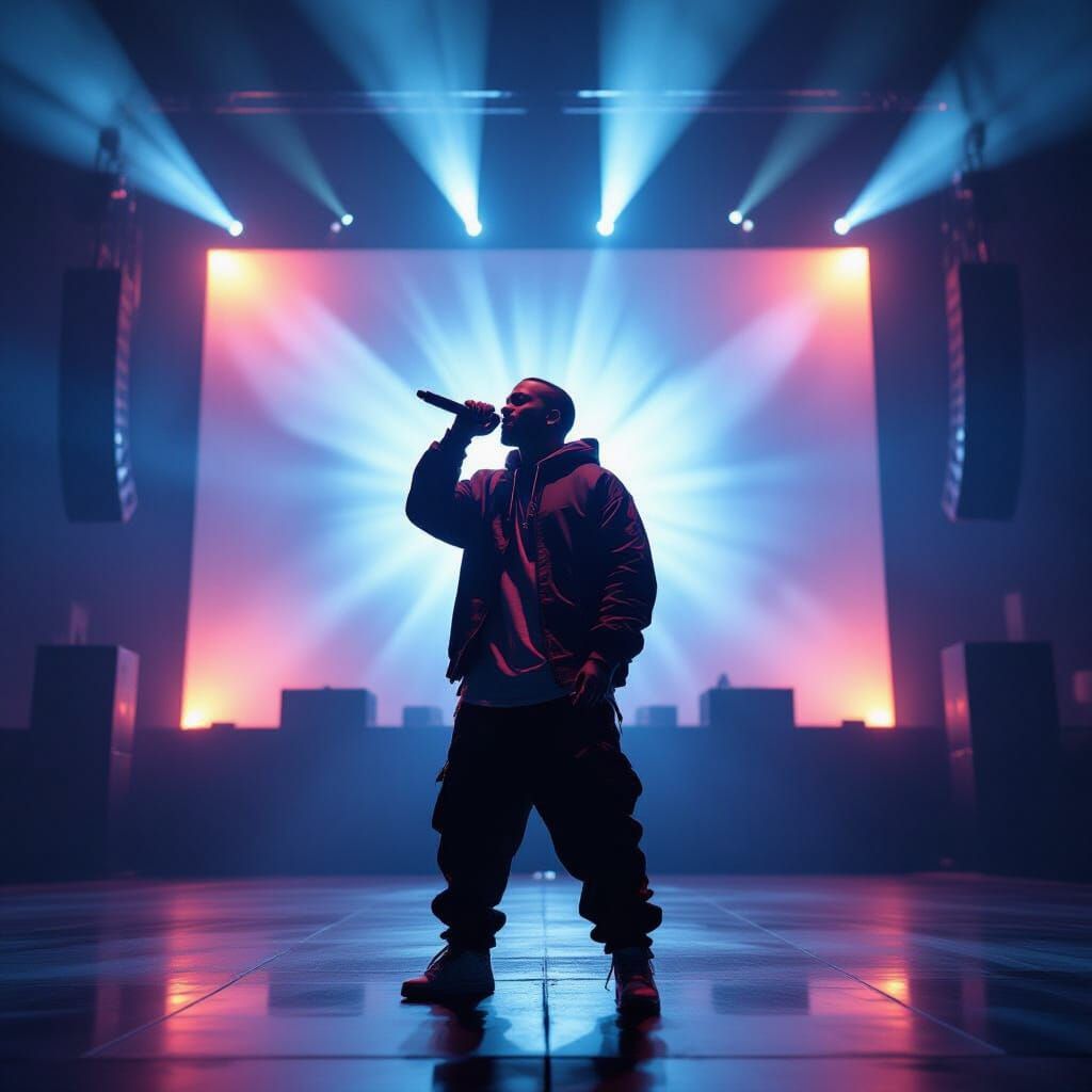 Moroccan Rapper Singing Silhouetted Against Sound System