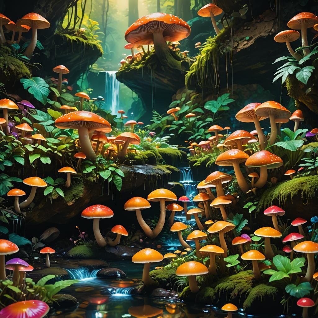 Surreal Rainbow Mushrooms in Mystical Cave Stream