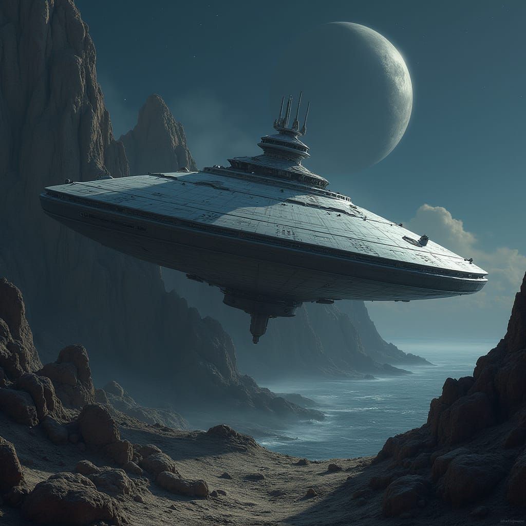 Hyperrealistic Starship in Rocky Landscape at Night