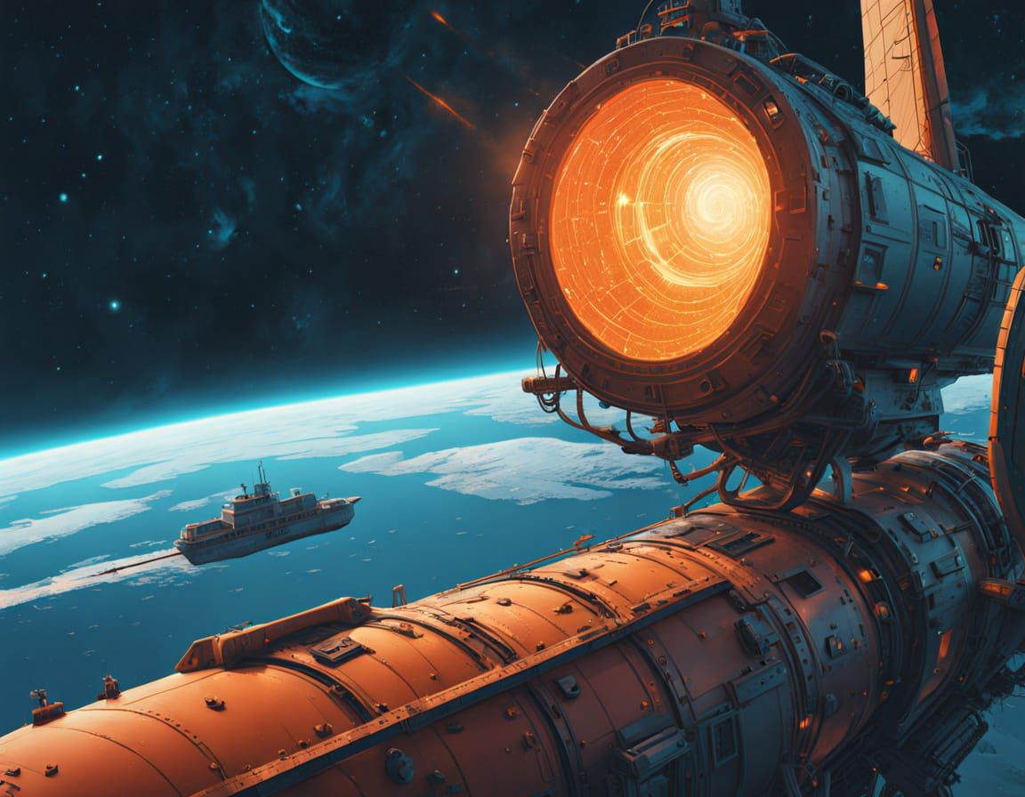 Hyperrealistic Space Ship in Moody Blue Orange Hues